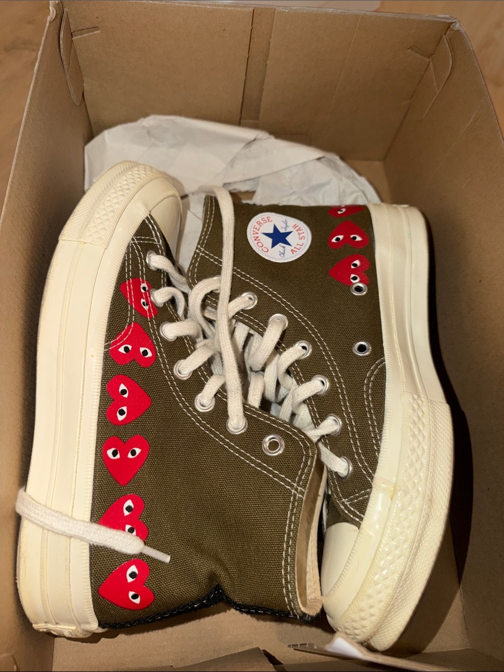 Converse Olive Green High-Top Sneakers with Red Heart Graphics